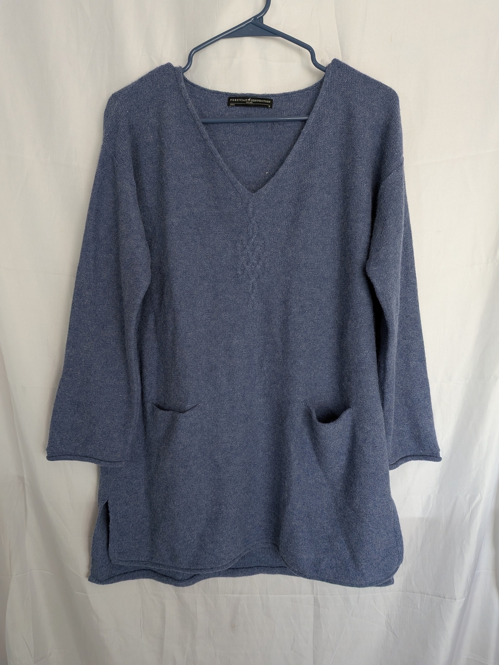 Peruvian Connection 100% Royal Alpaca Blue V-Neck Tunic Sweater Medium